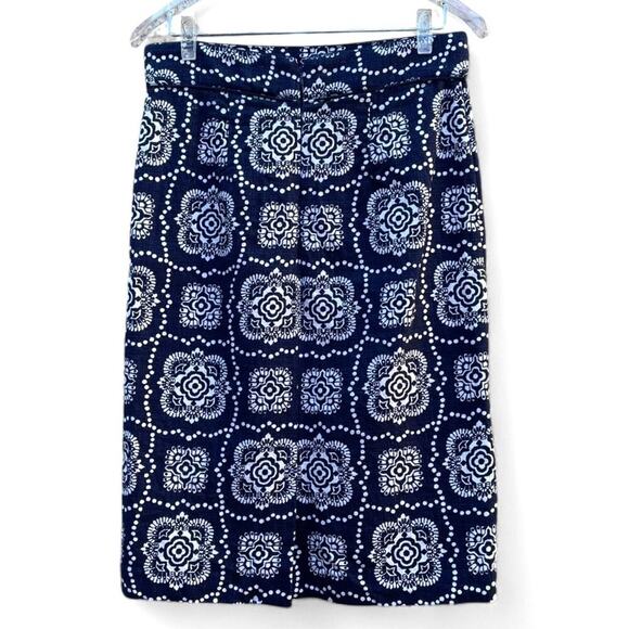 Ann Taylor Skirt Size 4 Blue Cotton Blend Pencil Piped Pattern Lined Textured - Picture 2 of 9